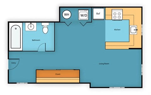 Floor plan for studio, 1 bath, 527 sqft